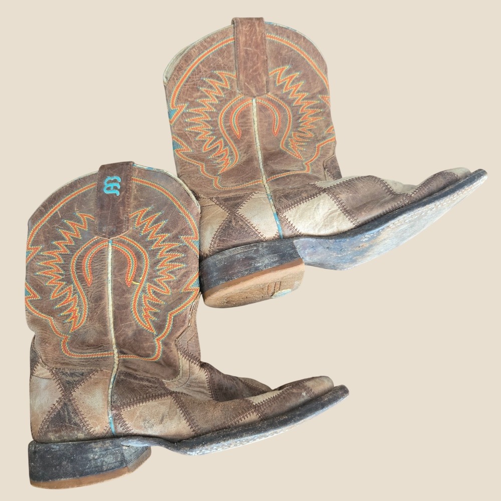 Anderson Bean Patchwork Leather Western Cowboy Boots Brown Tan Square Toe 1053